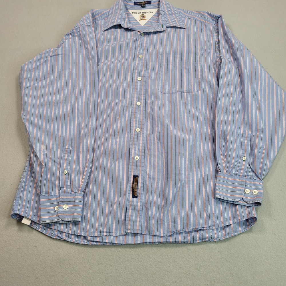 Tommy Hilfiger Mens Striped Button‎ Down Shirt Blue Red White 15.5 34-35